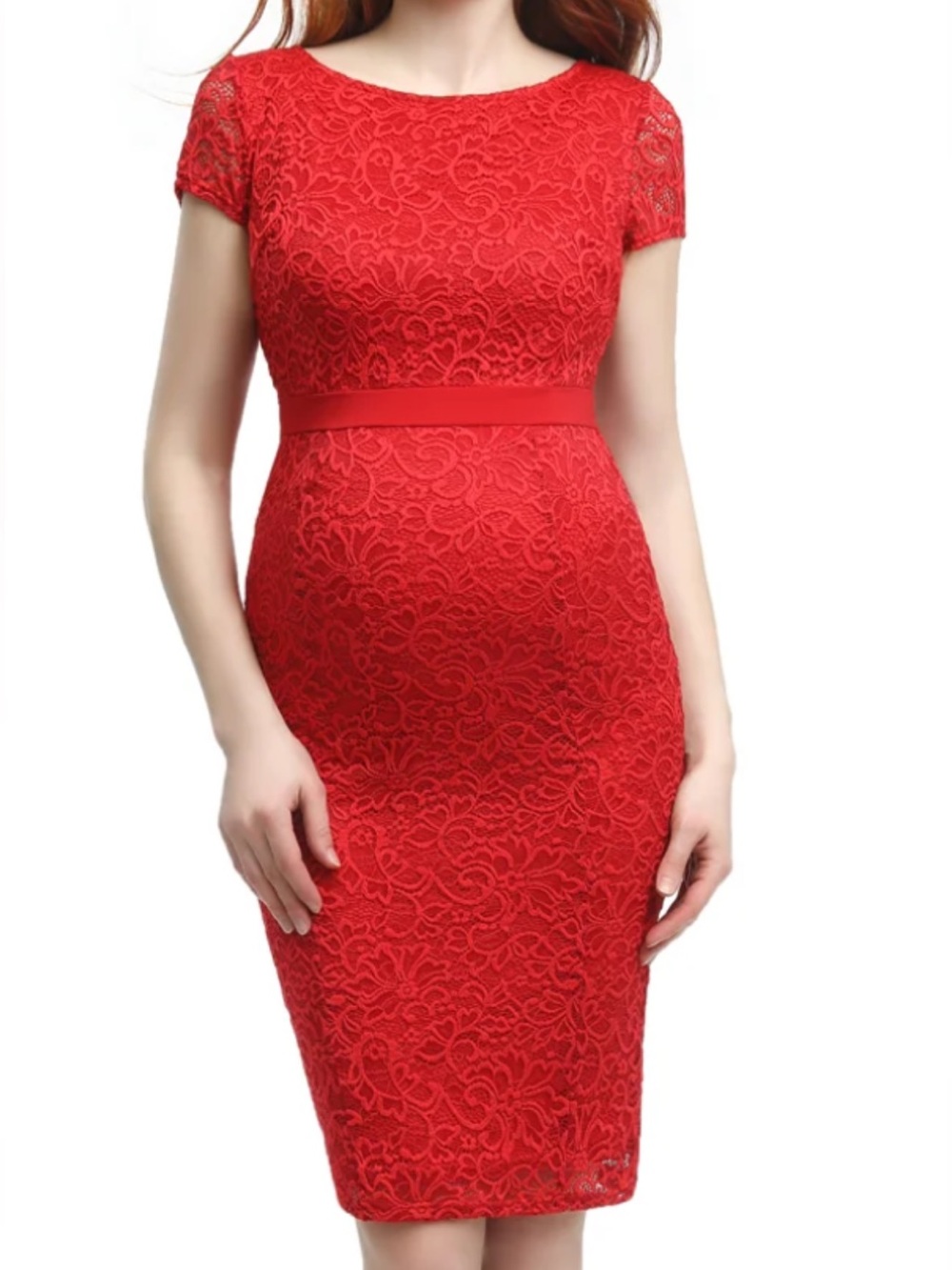 Kimi + Kai Maternity "Nancy" Red Lace Midi Dress Size Medium Like New!